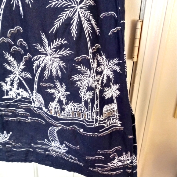 Talbots Dress Blue 100% Linen Embroidered Palm Trees Sailboat Beach Size L - Picture 8 of 15